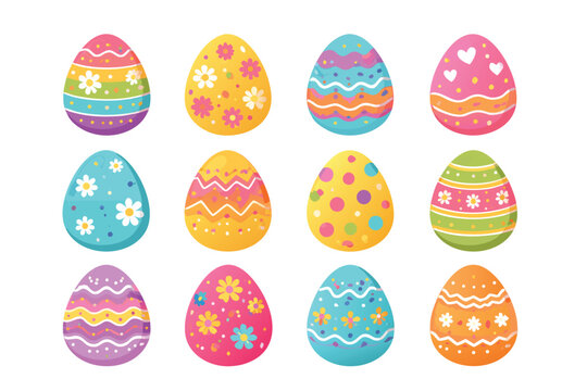 Large Set of Vibrant and Colorful Easter Eggs with Diverse Geometric Patterns, Stripes, and Polka Dots for Spring Holiday Decorations, Greeting Cards, and Festive Graphic Design Projects. Collection