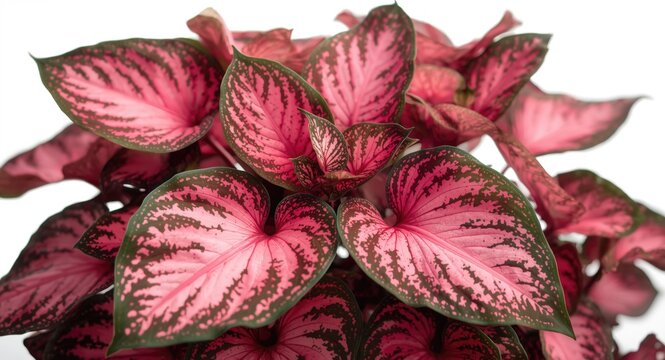 Close up of vibrant caladium foliage on a bright white backdrop