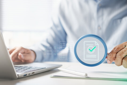 Professional document verification and compliance audit process, digital checklist interface, business quality control inspection workflow, corporate approval management, online validation system