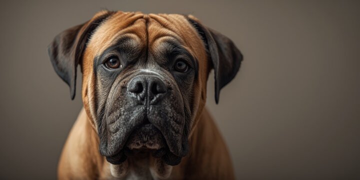 Friendly bull mastiff pet with attentive gaze in a sharp close-up image