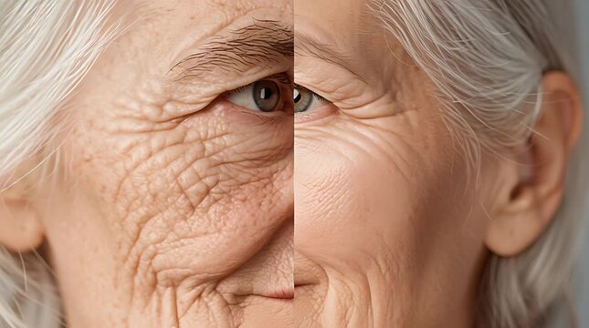 Close-up split image showing the contrast between aged and youthful skin on a woman's face.