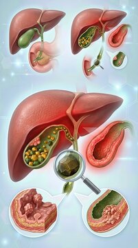 Gallbladder disease, depicting gallstones within the biliary system, illustrating liver and digestive complications, a common medical condition, human anatomy representation
