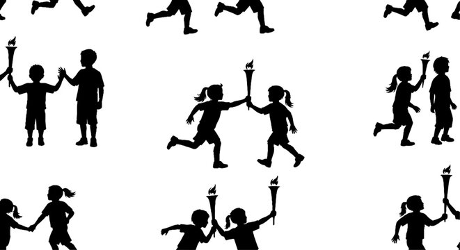 Kids running and passing relay torches seamless pattern