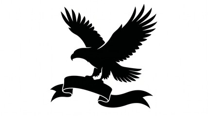 Naklejka premium Flying Eagle Silhouette Holding Banner, Clean Black Hawk Vector Icon Isolated on White Background