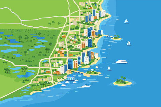 Political map of Miami and Fort Lauderdale in South Florida, United States, featuring largest cities and coastal boundaries, detailed vector cartography illustration for travel and education.