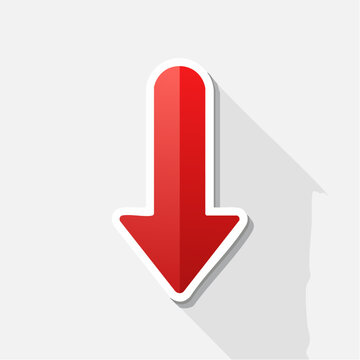 A red down arrow with a white border and a subtle shadow, indicating direction or a downward trend on a plain background