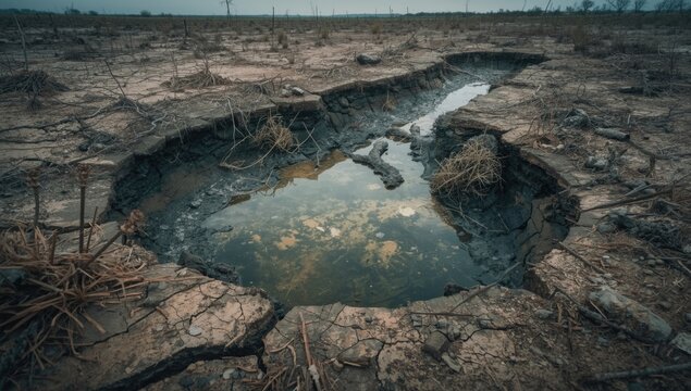 Dry basin exhibiting polluted water and dehydrated ground textures