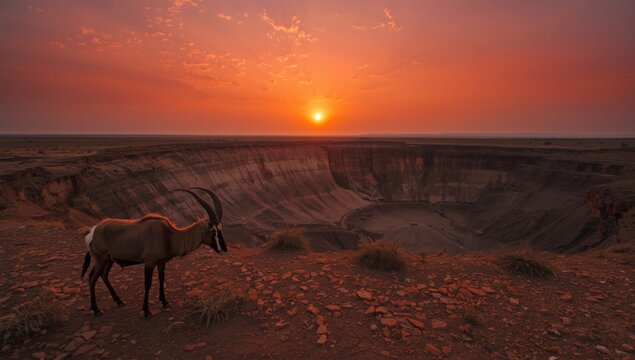 Crimson sky at sunset over parched earth with Nubian ibex near giant crater