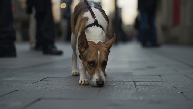 Curious street dog sniffing on city floor