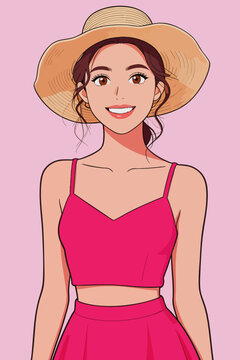 Summer smiling young woman in straw hat and pink outfit