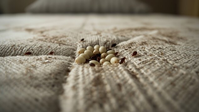Close inspection of mattress fabric revealing adult bedbug larvae and eggs presence