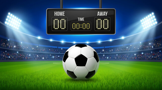 Vibrant night scene of a professional stadium with a soccer ball on the pitch, scoreboard displaying game details