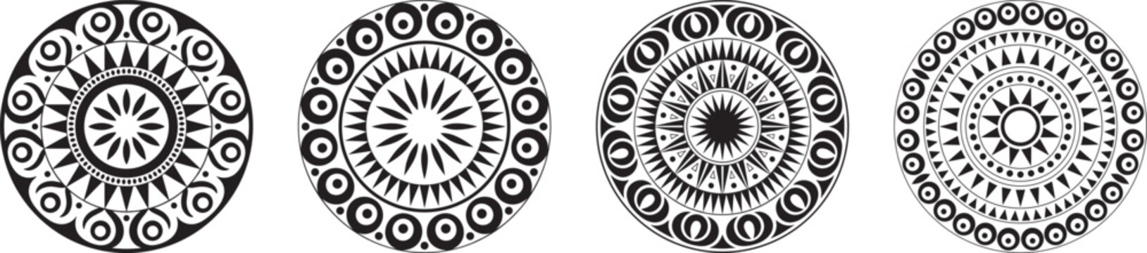 Mandala ornament set with black circular tribal pattern designs