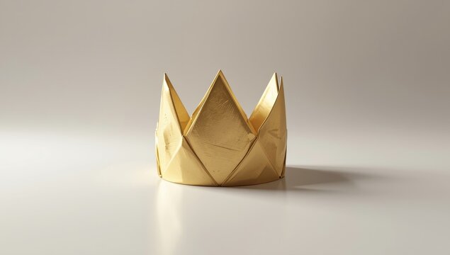 Golden origami crown with sharp folds placed on a flawless white background