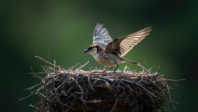 Delicate fledgling bird trying to soar from nest perimeter