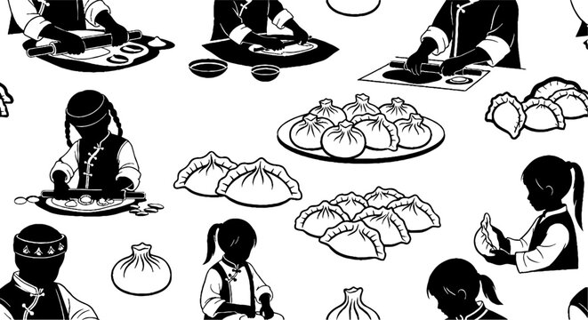 Children making traditional dumplings seamless pattern