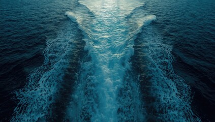 Naklejka premium Elevated perspective of a roll on off vessel traveling deep ocean waters with blue hue