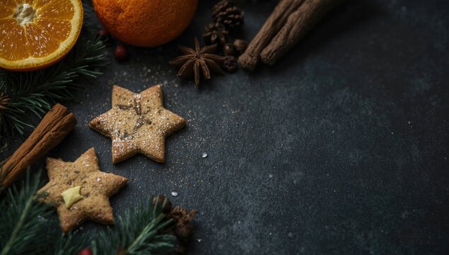 Close up of holiday spices star shaped Christmas cookies dried orange and fir branches on dark textured background