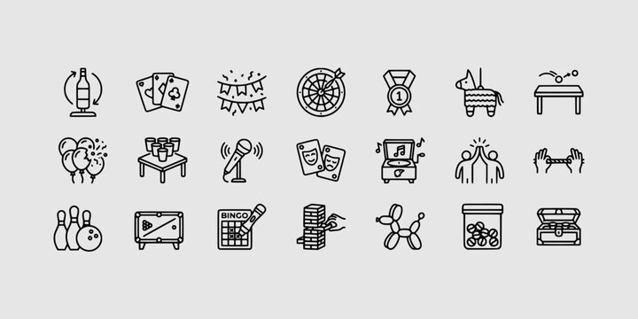 Icon set collection of party games and entertainment activities, featuring bingo, darts, card games, medals, and fun celebration props.
