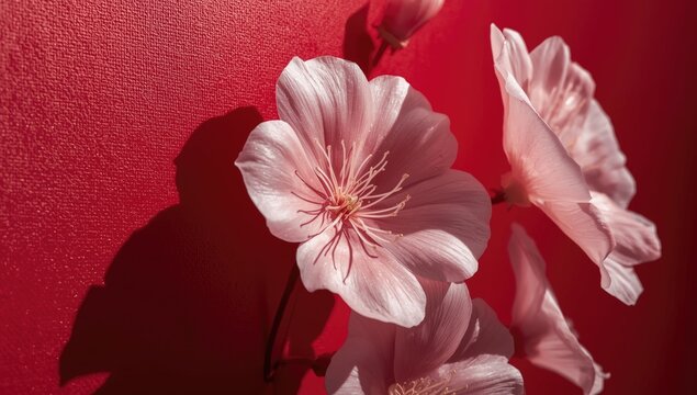 Detailed oil artwork of Musk Mallow blossoms set on vivid red canvas