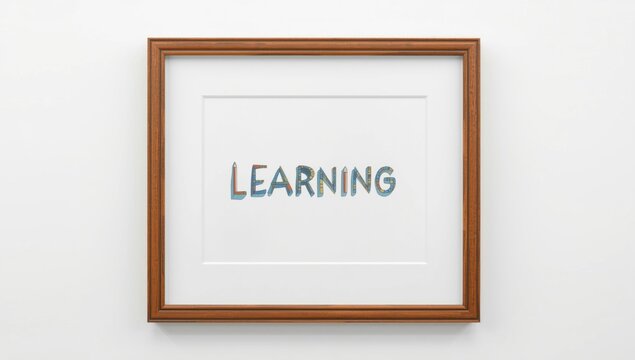 Framed colored pencil artwork on white surface representing learning