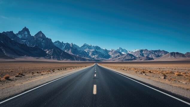 Empty blacktop road heading towards jagged mountain summits