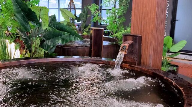luxury indoor spa jacuzzi with tropical plants and bubbling water
