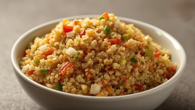 Colorful Armenian bulgur pilaf salad mixed with chopped onions and peppers