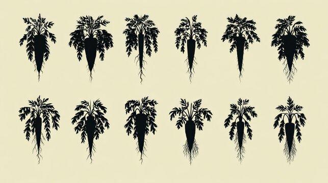 Collection of root vegetable silhouettes depicting various stages of growth and root structure