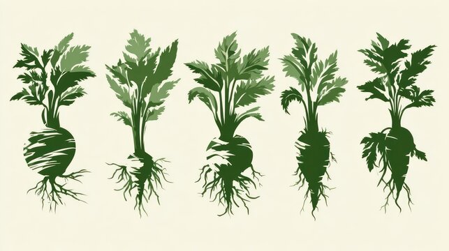 Five variations of root vegetable illustrations displayed in a horizontal row