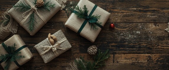 Fototapeta premium Festive presents wrapped in sustainable cloth with greenery accents on wooden surface