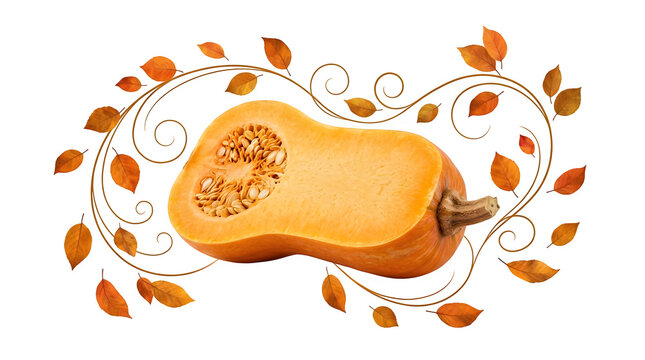 A vibrant butternut squash with autumn leaves on transparent background