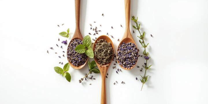 Dried lavender buds, mint leaves, and thyme herbs in wooden spoons showcased on white background for herbal tea