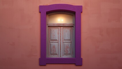 Fototapeta premium Coral facade with a classic window framed in bright purple and deep fuchsia
