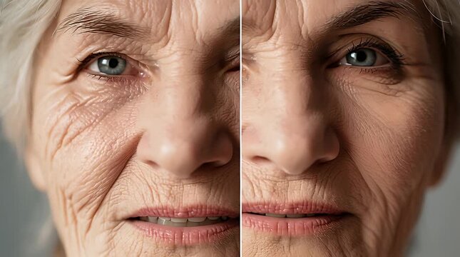 Split image showing the contrast between a younger and older woman's face, highlighting signs of aging.