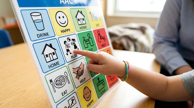 Young child learning and communicating using a visual picture board, fostering development and understanding through interactive therapy for special needs