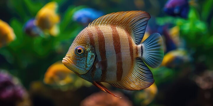 Detailed view of an adult Symphysodon discus among bright tropical aquarium fish
