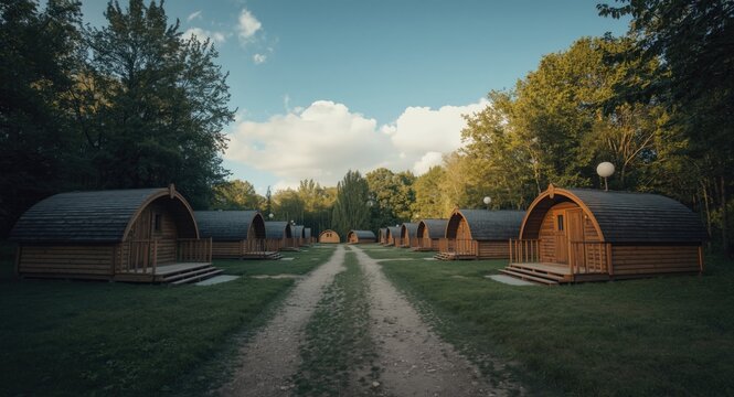 Empty camping pods at quiet campsite with copy space for text