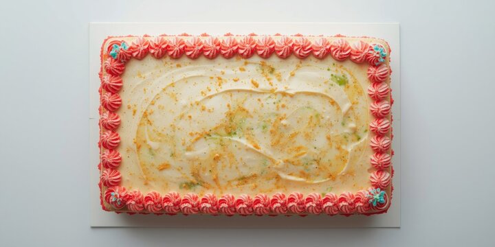 Flat lay of a rectangle shaped cake with colorful icing details