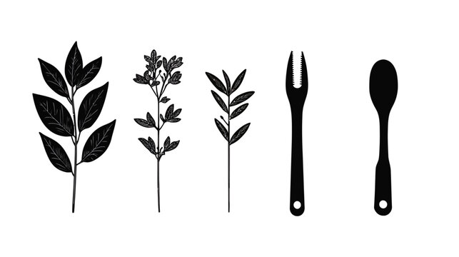 Stylized black and white image featuring natural elements leaves, fork, and spoon