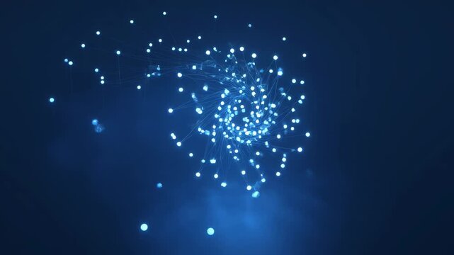 Glowing blue particles forming dynamic network connections and complex data structures through rapid digital transformation motion
