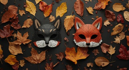 Naklejka premium Creative kids making cat and fox masks with autumn leaves art