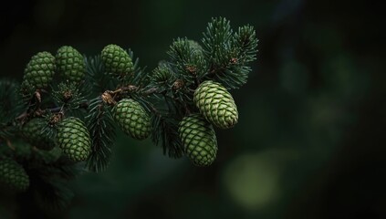 Fototapeta premium Healthy cedar cones developing on coniferous tree with a smooth background blur
