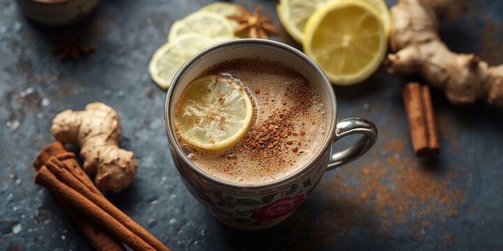 Healthy chai beverage mixing jaggery cinnamon cardamom and freshly sliced ginger