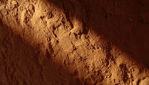 Close examination of a sunlit earthen wall made of clay displaying organic textures