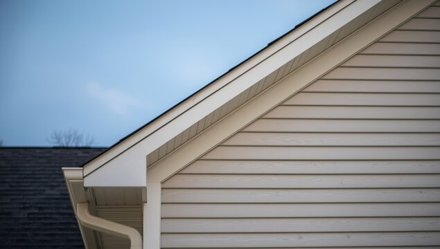 Detailed roofline featuring white wood fascia and vinyl horizontal siding on house exterior