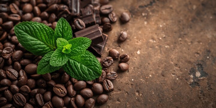 Fresh green mint leaves paired with coffee beans and dark chocolate over rustic surface background with copy space