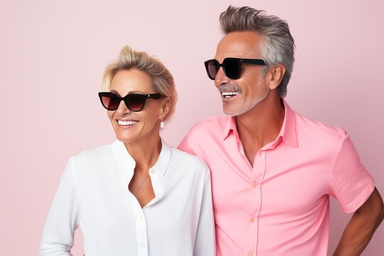 Senior couple smiling and wearing sunglasses, enjoying time together on a pink background
