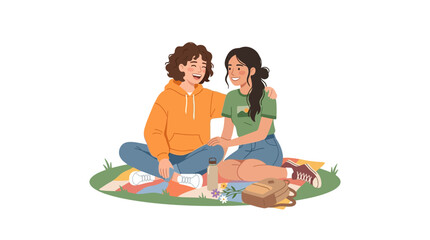 Two diverse young women sitting together on a picnic blanket in a friendly outdoor setting. © Bilqis Zhafira