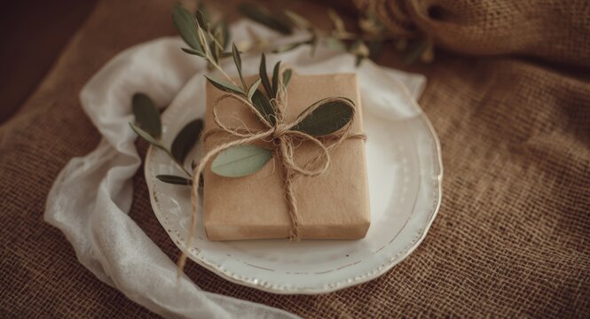 Elegant wedding table setting with craft paper box tied with jute ribbon and olive leaves on white dish and burlap mat